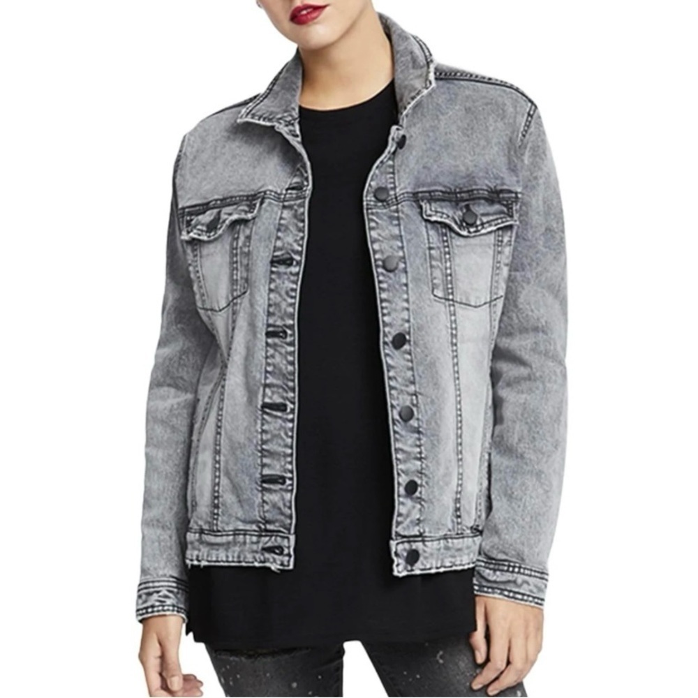 Rachel Roy Womens Distressed Denim Trucker Jean Jacket Leyton Grey Size Large